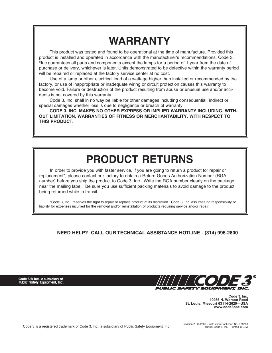 Warranty, Product returns | Code 3 Quick Disconnect User Manual | Page 4 / 4
