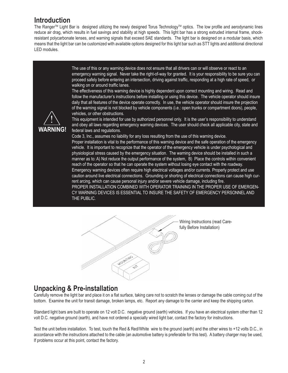 Introduction, Unpacking & pre-installation, Warning | Code 3 Ranger User Manual | Page 2 / 12