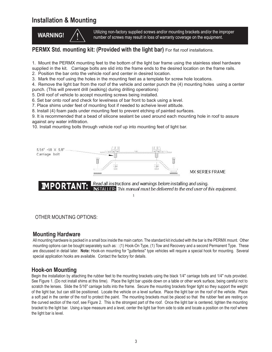 Installation & mounting, Mounting hardware, Warning! hook-on mounting | Code 3 Ranger User Manual | Page 3 / 12