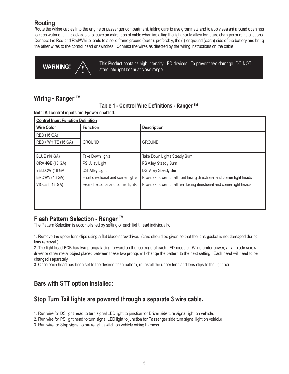 Wiring - ranger, Flash pattern selection - ranger, Warning | Routing | Code 3 Ranger User Manual | Page 6 / 12