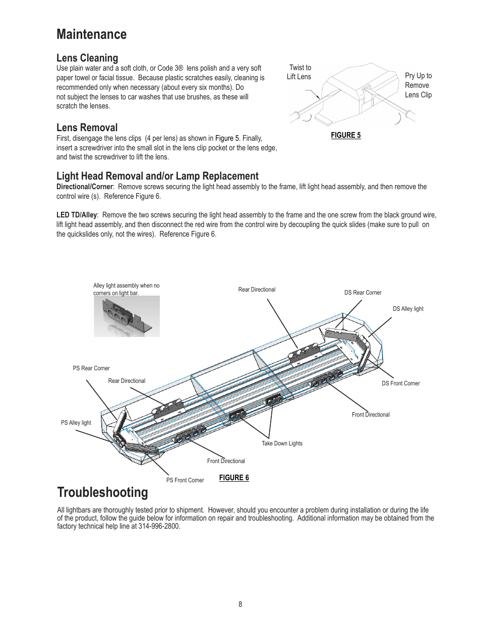 Maintenance, Troubleshooting, Lens cleaning | Lens removal, Light head removal and/or lamp replacement | Code 3 Ranger User Manual | Page 8 / 12