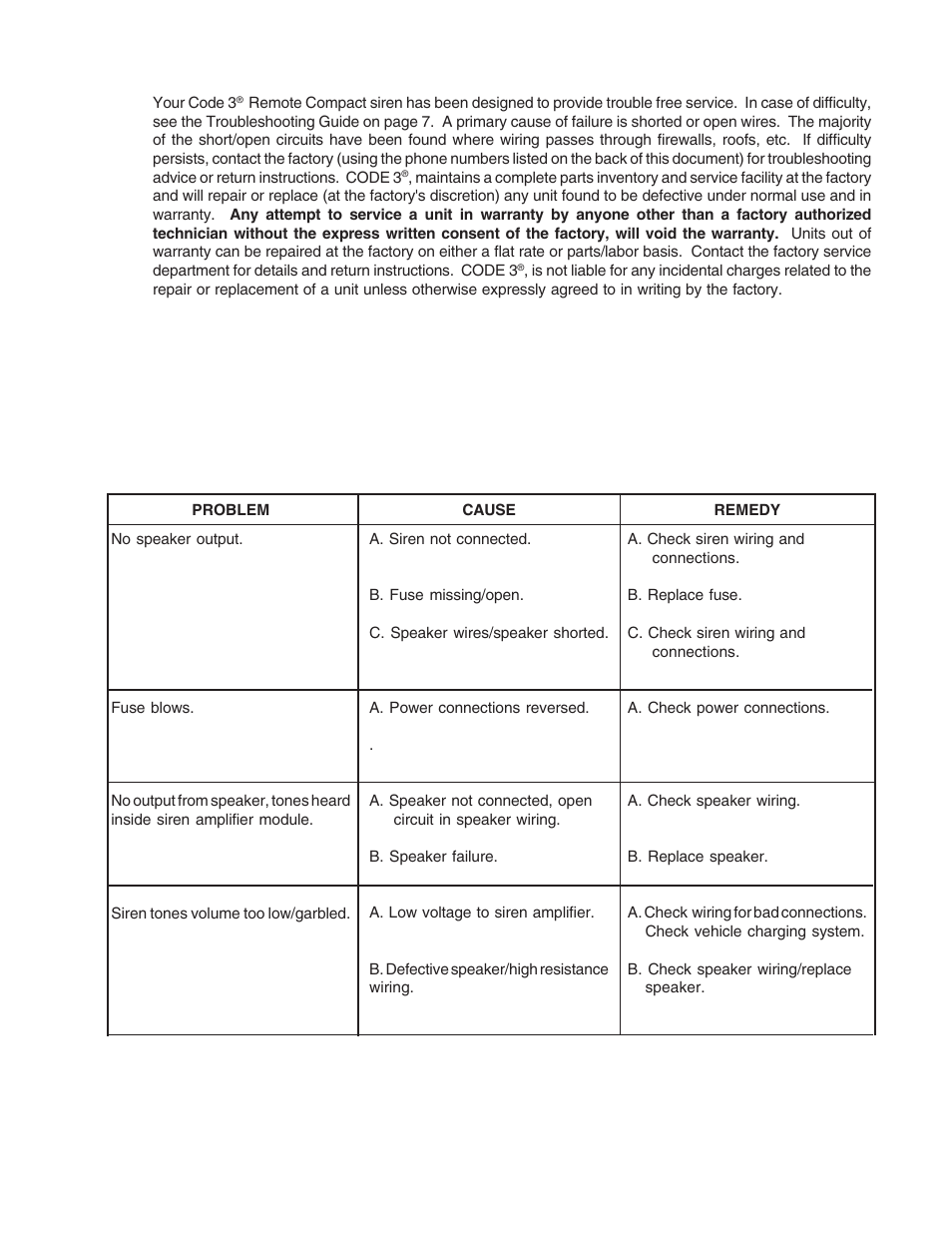 Trouble shooting guide maintenance | Code 3 Remote Compact Siren User Manual | Page 7 / 10