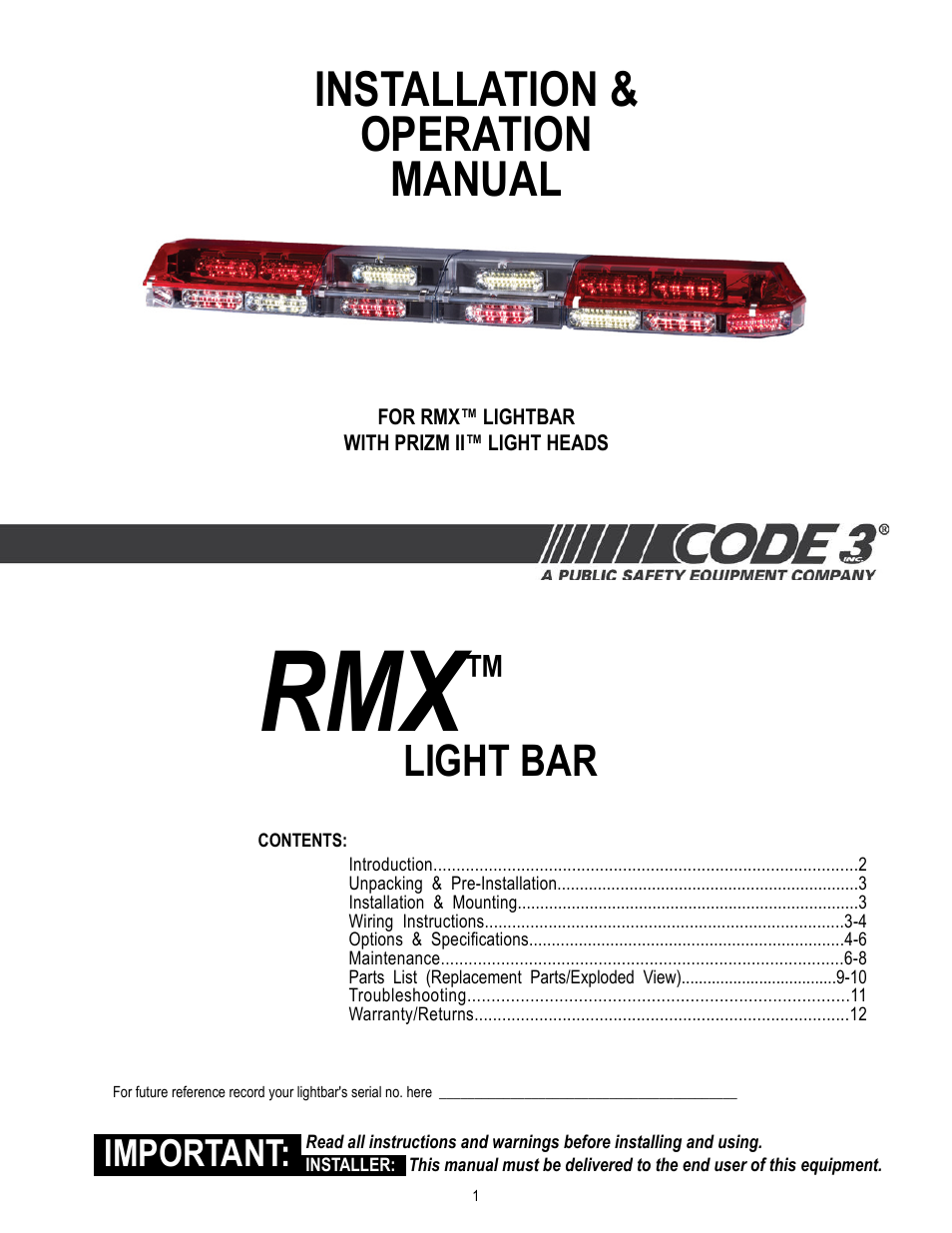 Code 3 RMX Lightbar User Manual | 12 pages