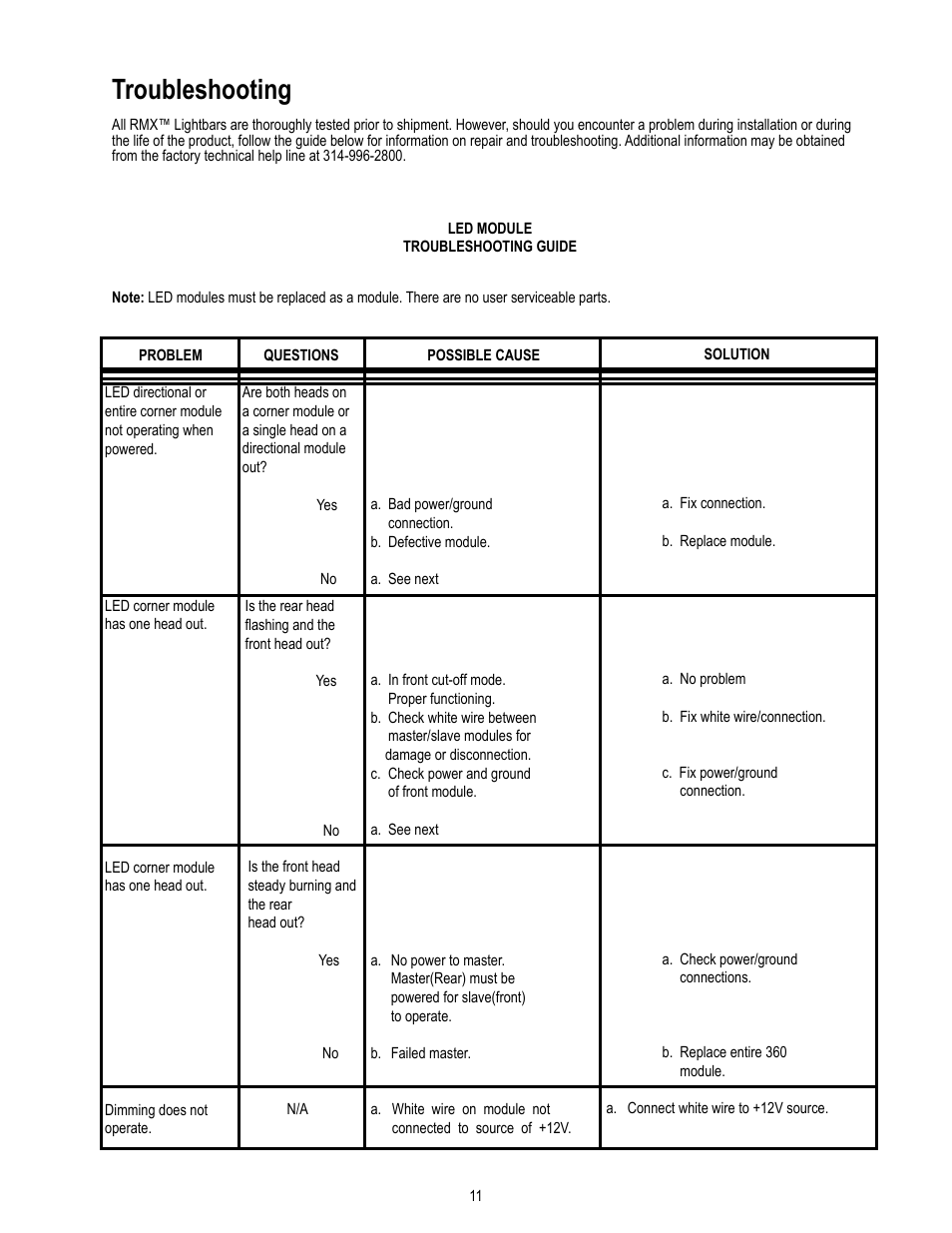 Troubleshooting | Code 3 RMX Lightbar User Manual | Page 11 / 12
