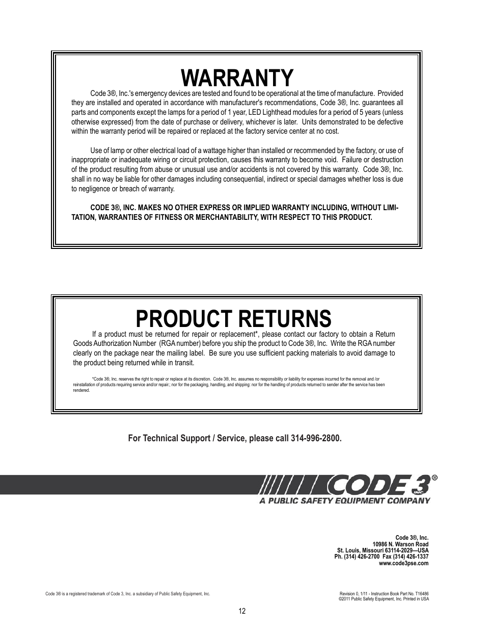 Warranty, Product returns | Code 3 RMX Lightbar User Manual | Page 12 / 12