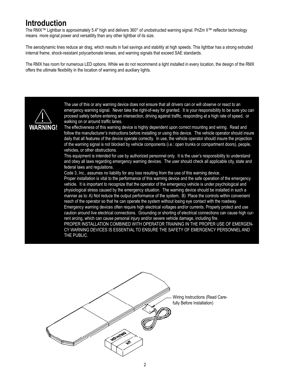 Introduction, Warning | Code 3 RMX Lightbar User Manual | Page 2 / 12