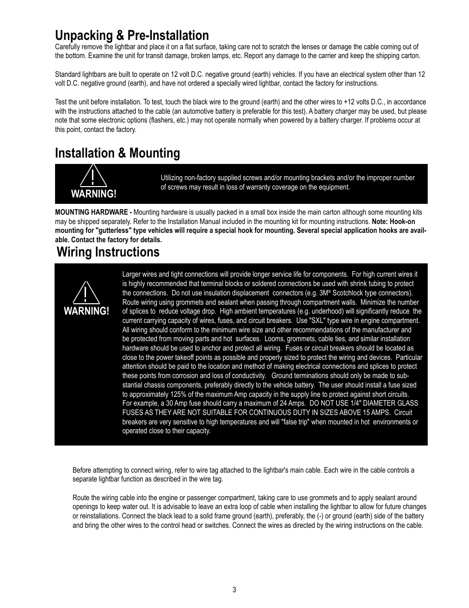 Unpacking & pre-installation, Installation & mounting, Wiring instructions | Code 3 RMX Lightbar User Manual | Page 3 / 12