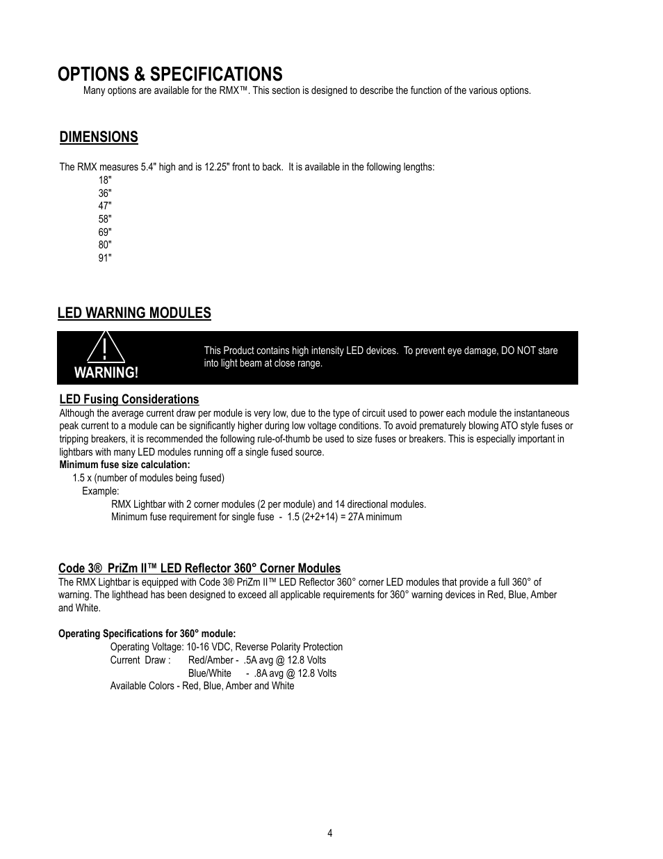 Options & specifications, Led warning modules warning! dimensions | Code 3 RMX Lightbar User Manual | Page 4 / 12