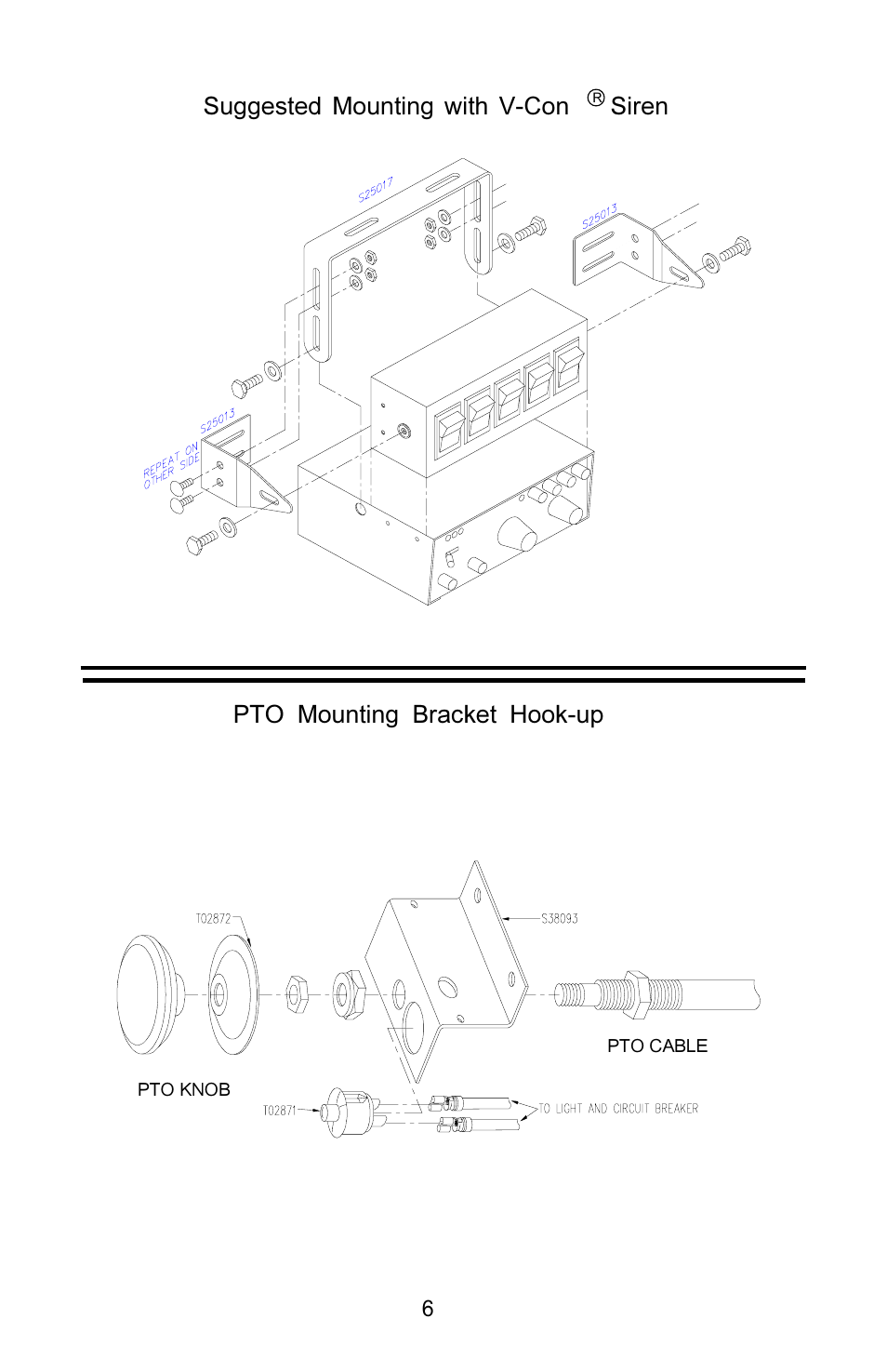Suggested mounting with v-con siren, Pto mounting bracket hook-up | Code 3 RockerPak 410, 416, 426 User Manual | Page 14 / 20