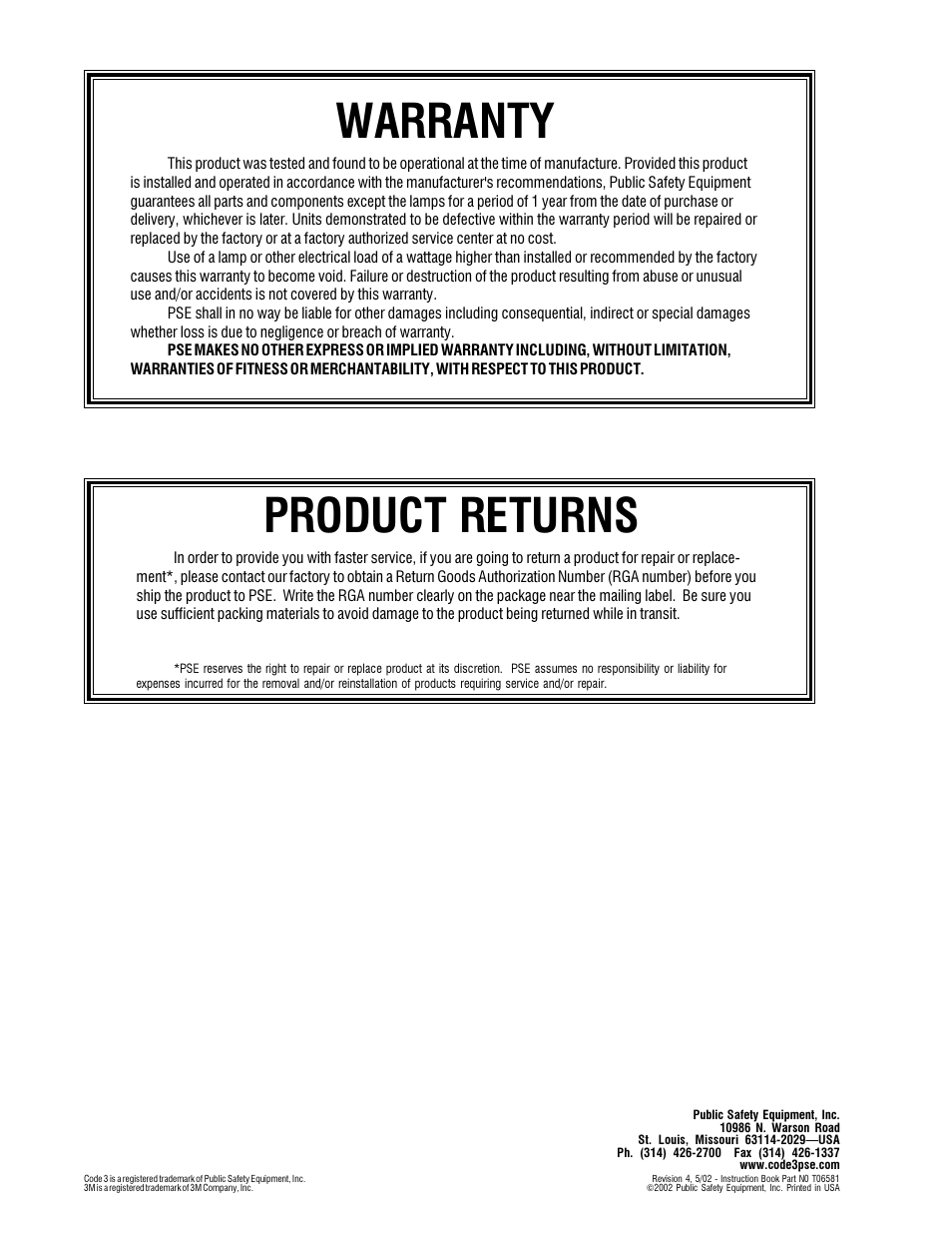 Warranty, Product returns | Code 3 RockerPak 410, 416, 426 User Manual | Page 20 / 20