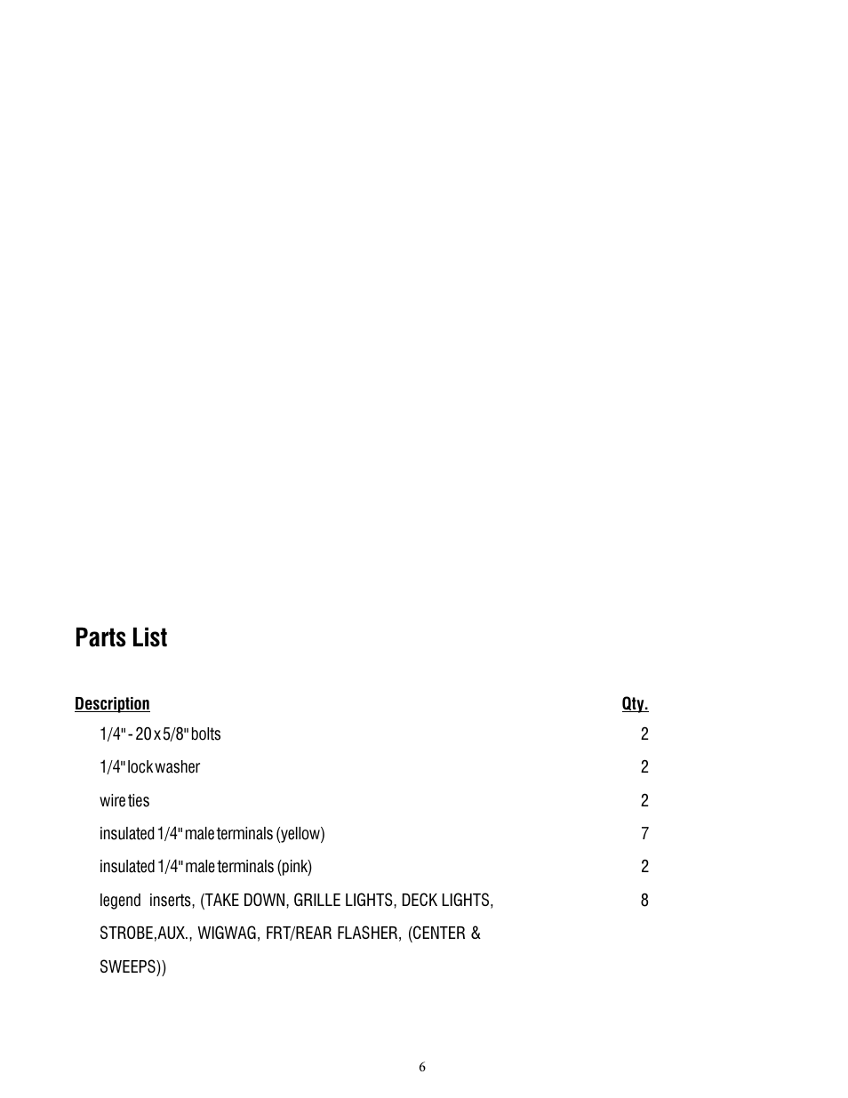 Parts list | Code 3 RockerPak 410, 416, 426 User Manual | Page 6 / 20