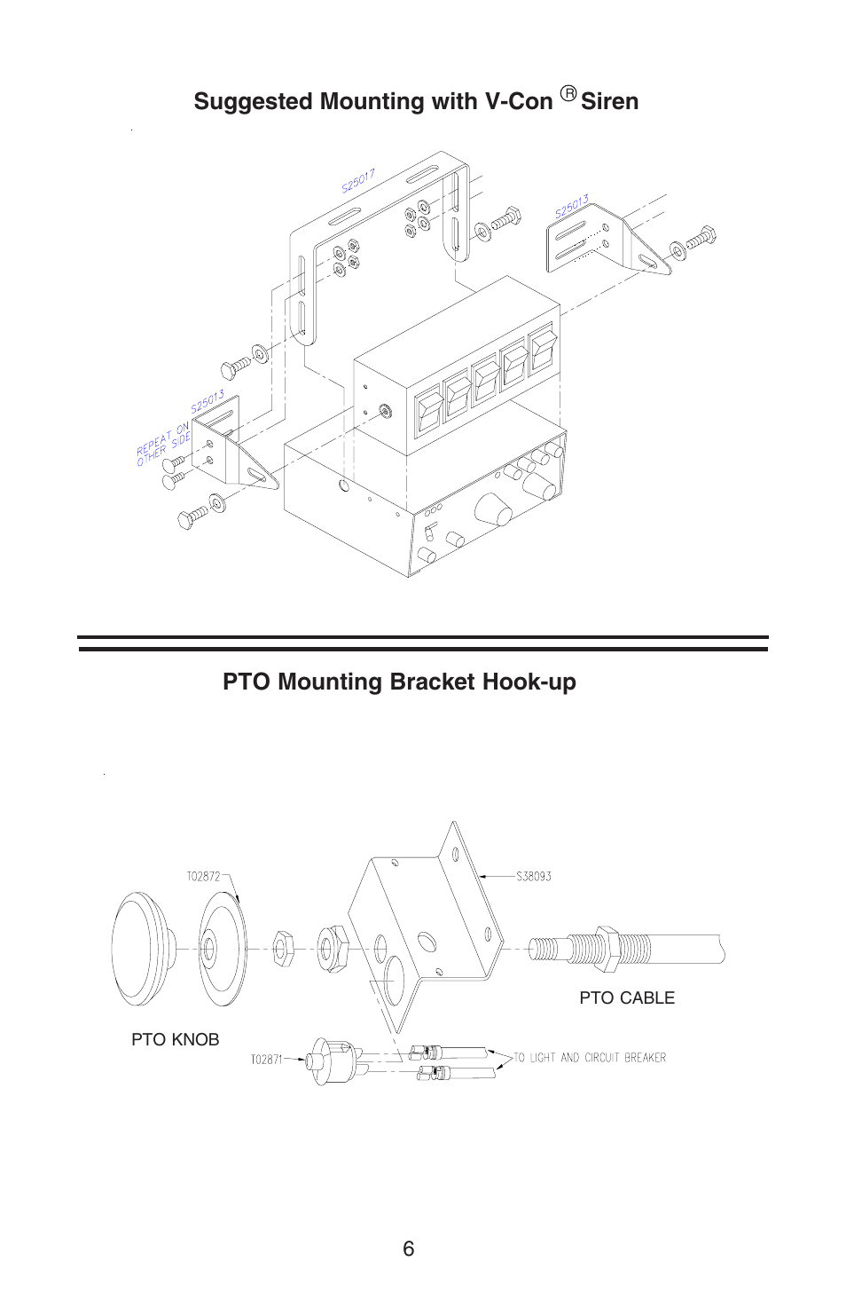 Suggested mounting with v-con siren, Pto mounting bracket hook-up | Code 3 RockerPak 415 User Manual | Page 6 / 8