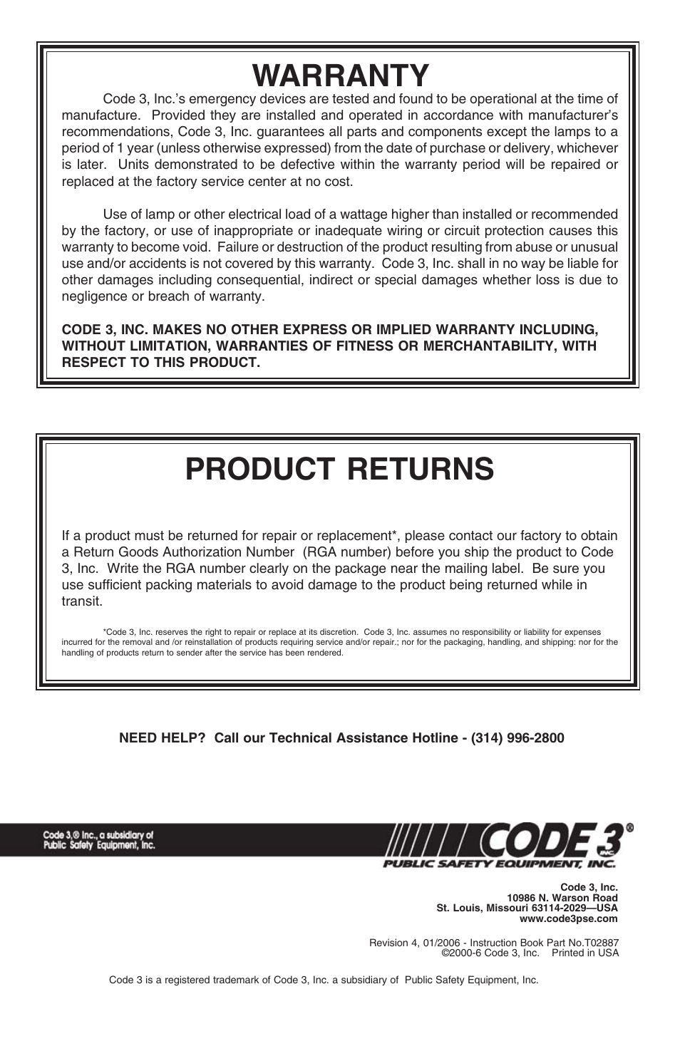 Product returns, Warranty | Code 3 RockerPak 415 User Manual | Page 8 / 8