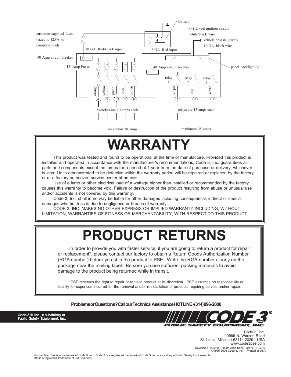 Product returns, Warranty | Code 3 RockerPak 440L4 or 440L5 User Manual | Page 2 / 2