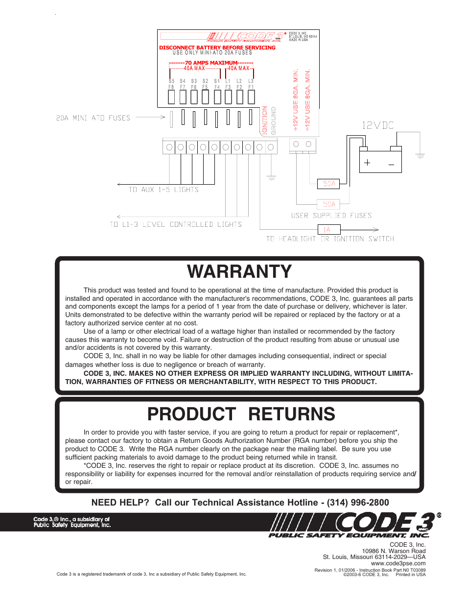 Product returns, Warranty | Code 3 RockerPak 440L5 User Manual | Page 2 / 2