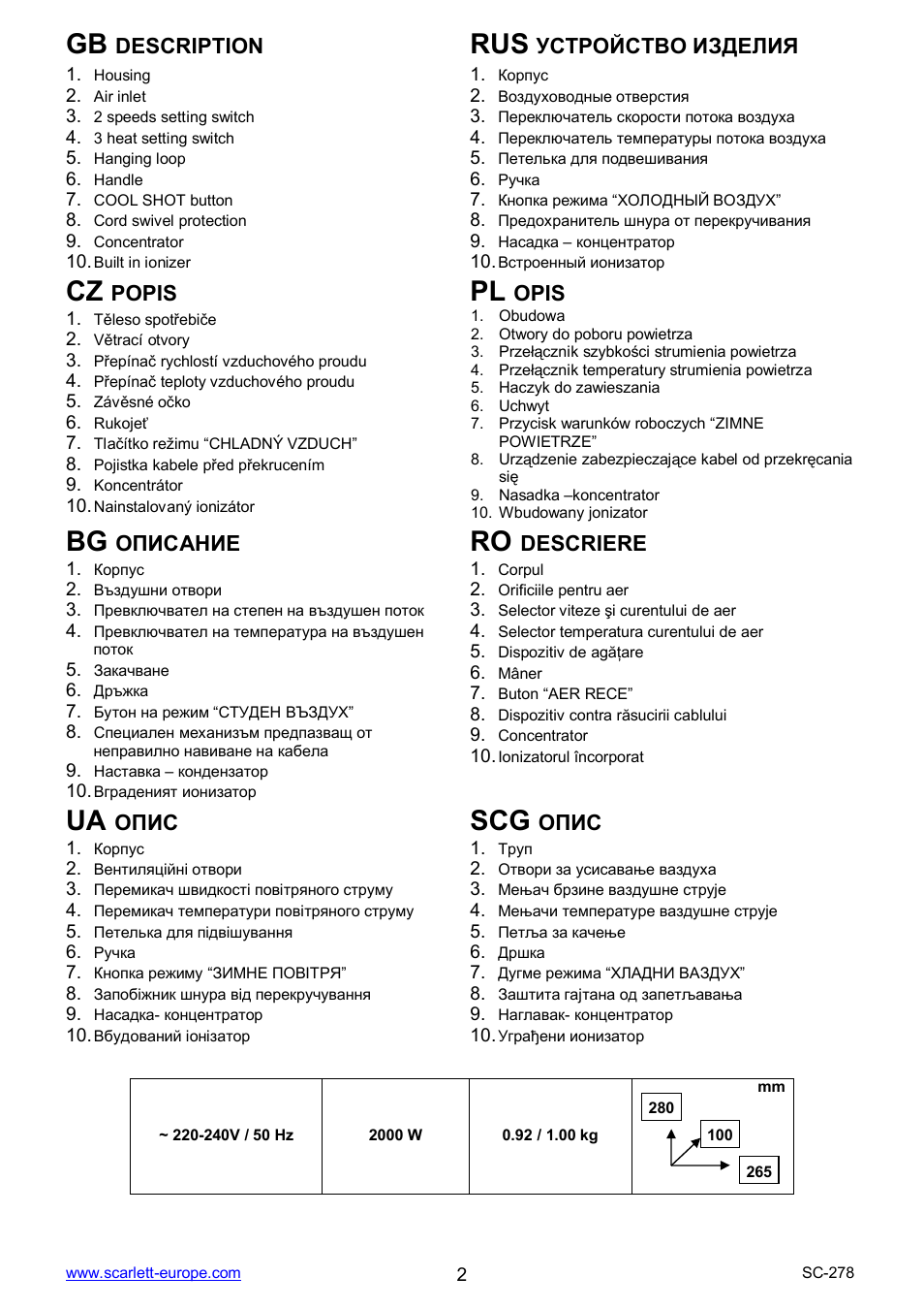 Bg ro, Ua scg, Description | Popis, Opis, Descriere | Scarlett SC-278 User Manual | Page 2 / 17