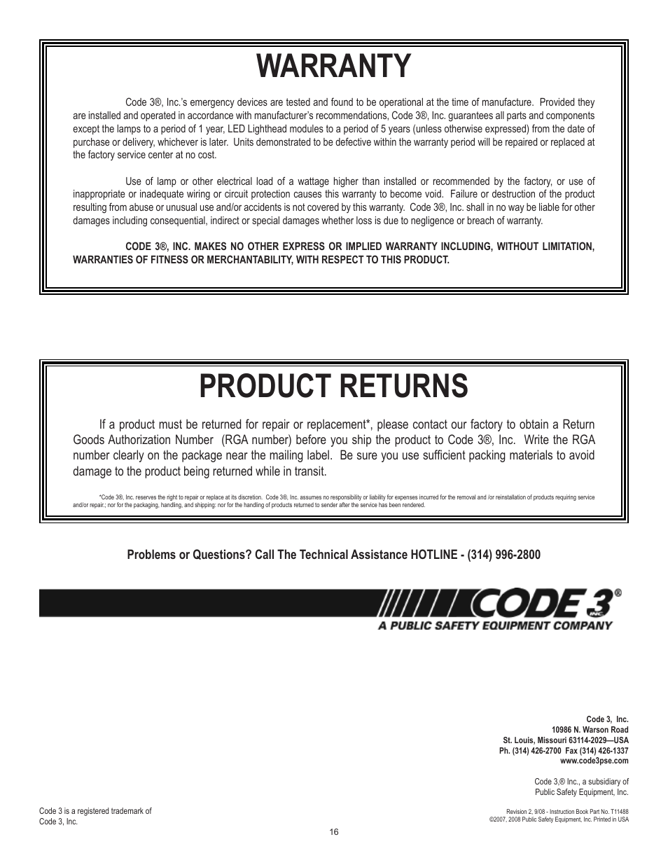 Warranty, Product returns | Code 3 RX 2700CC User Manual | Page 16 / 16