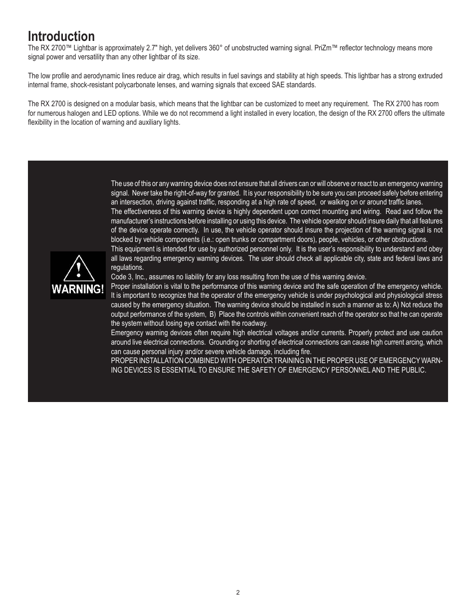 Introduction | Code 3 RX 2700CC User Manual | Page 2 / 16