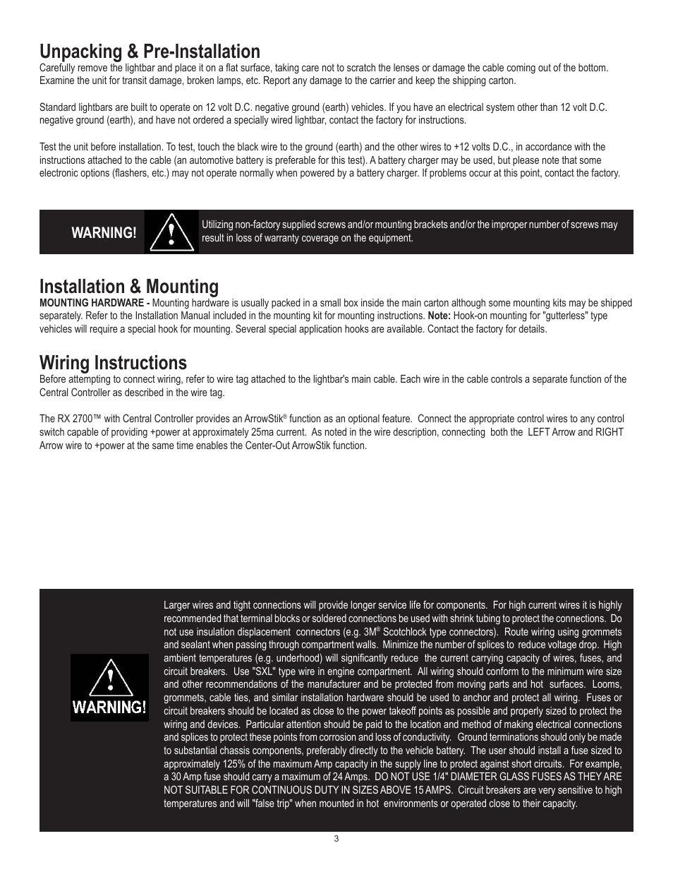 Unpacking & pre-installation, Installation & mounting, Wiring instructions | Warning | Code 3 RX 2700CC User Manual | Page 3 / 16