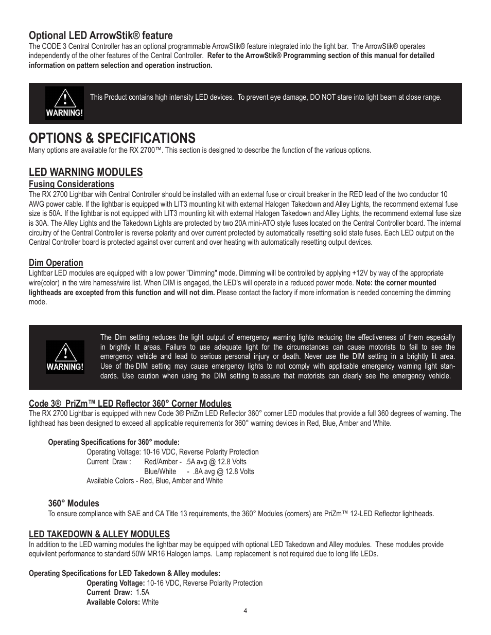 Options & specifications, Optional led arrowstik® feature, Led warning modules | Code 3 RX 2700CC User Manual | Page 4 / 16