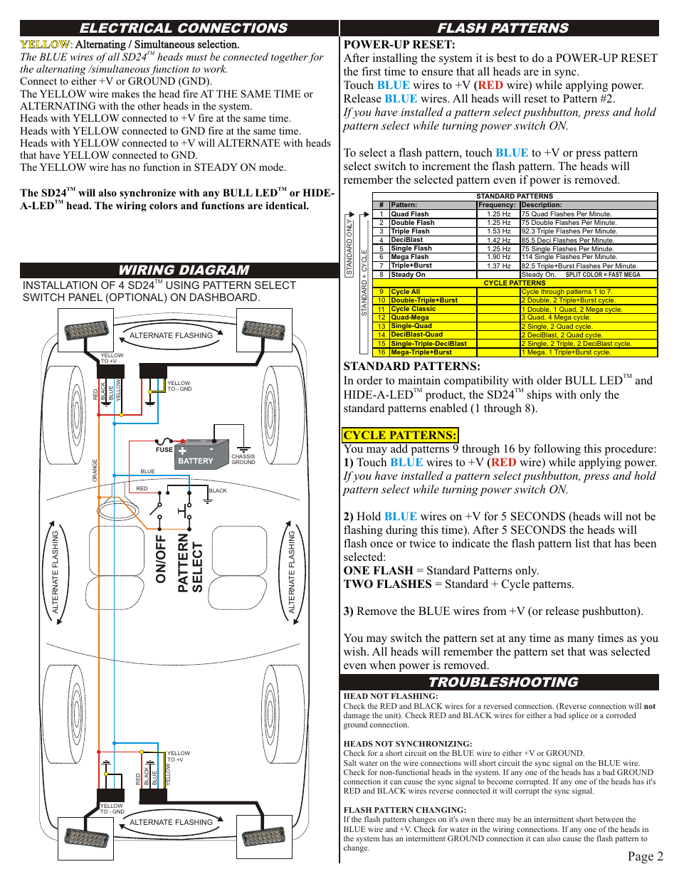 Electrical connections, Wiring diagram, Flash patterns | Troubleshooting, On /o f f, Page 2, Yellow : alternating / simultaneous selection | Code 3 SD24 User Manual | Page 2 / 2