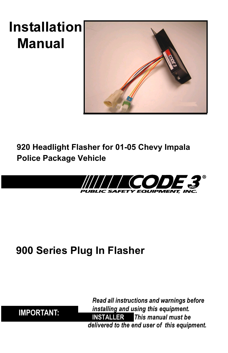 Installation manual, 900 series plug in flasher | Code 3 Series 900 Flashers User Manual | Page 2 / 12
