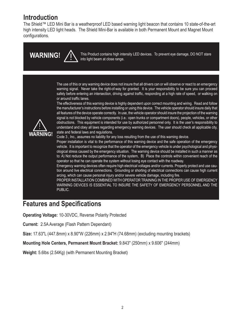 Features and specifications, Introduction, Warning | Code 3 Shield Mini Bar User Manual | Page 2 / 8