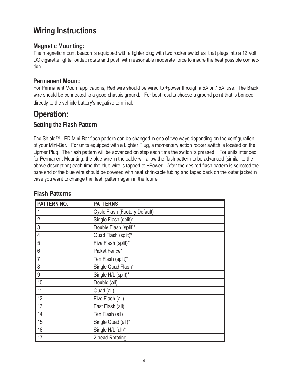 Wiring instructions, Operation | Code 3 Shield Mini Bar User Manual | Page 4 / 8