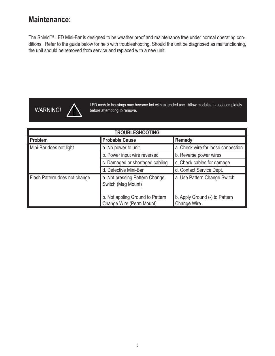 Maintenance | Code 3 Shield Mini Bar User Manual | Page 5 / 8