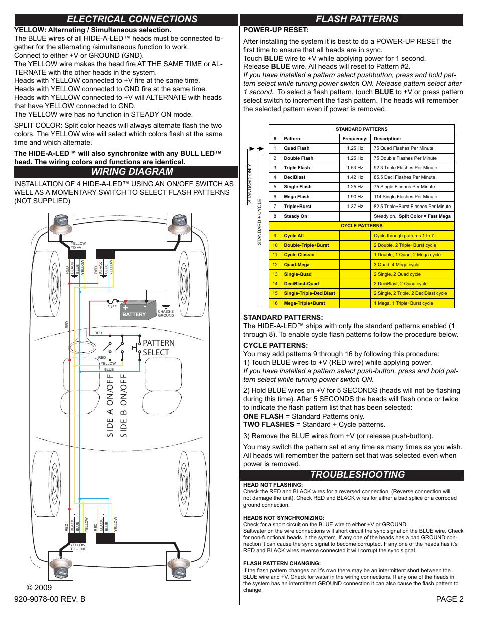 Electrical connections flash patterns, Wiring diagram, Troubleshooting | Pattern select | Code 3 Single Head Wildcat User Manual | Page 2 / 2