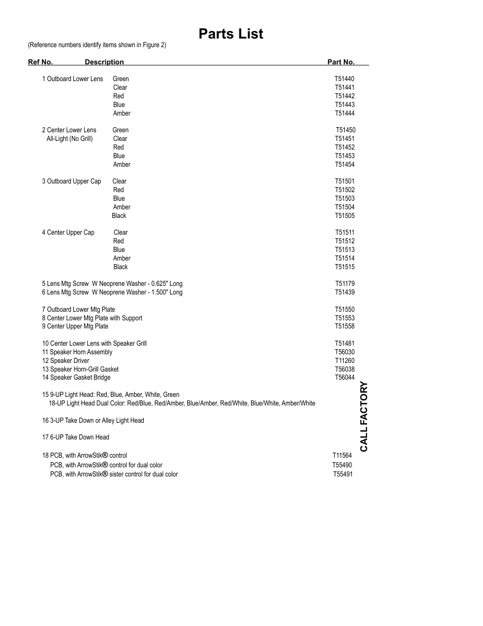 Parts list, Call f act or y | Code 3 Solex User Manual | Page 10 / 12