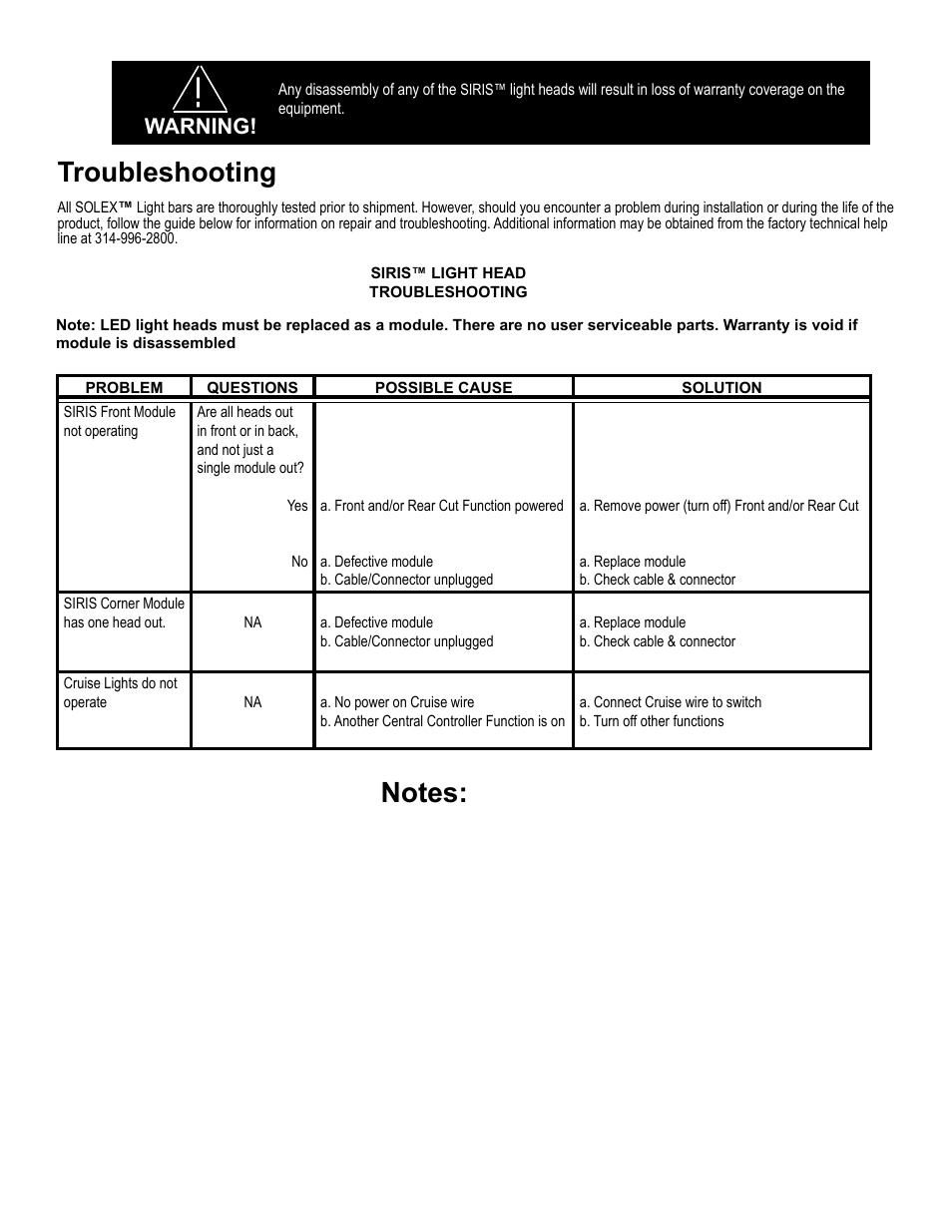 Troubleshooting, Warning | Code 3 Solex User Manual | Page 11 / 12