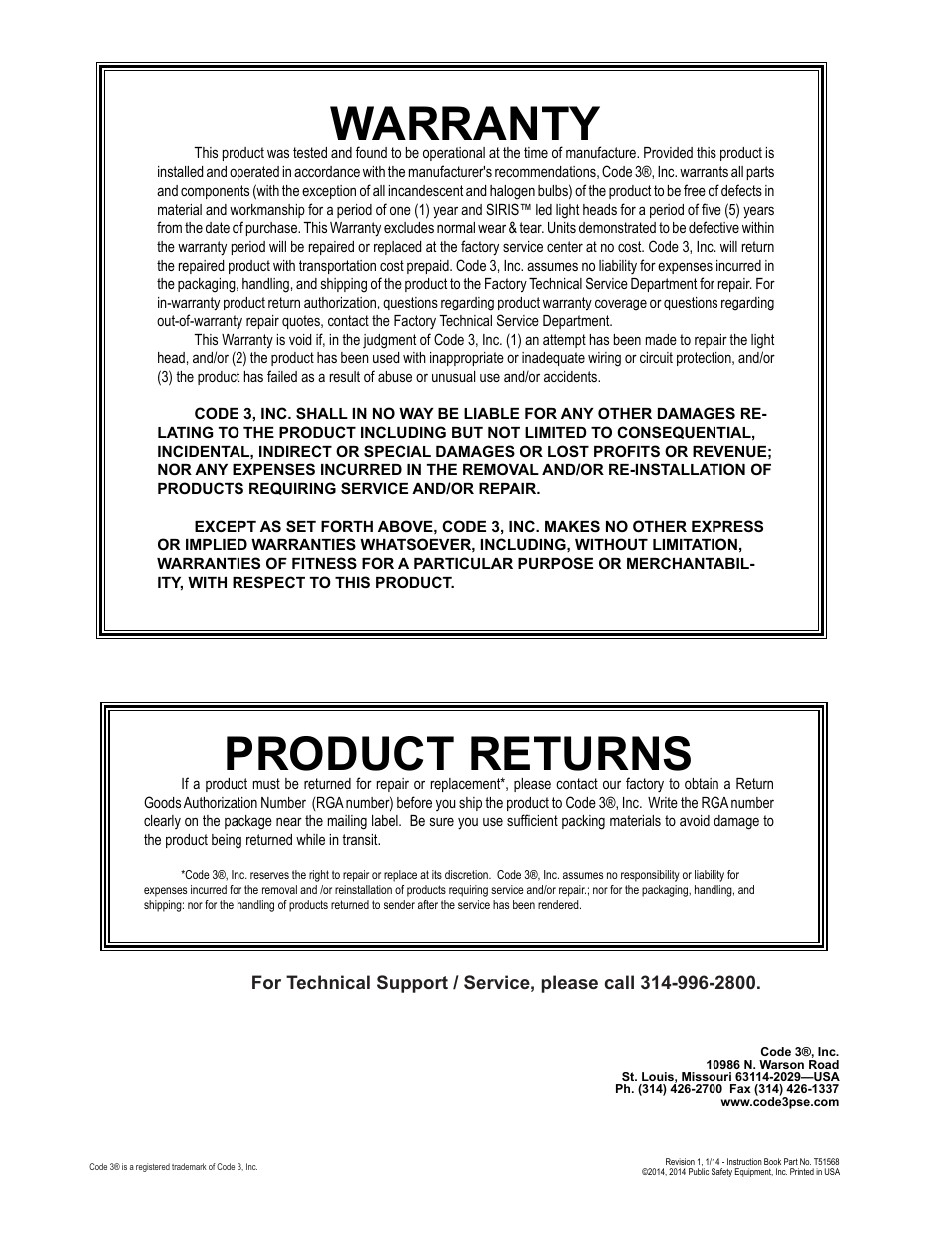 Warranty, Product returns | Code 3 Solex User Manual | Page 12 / 12