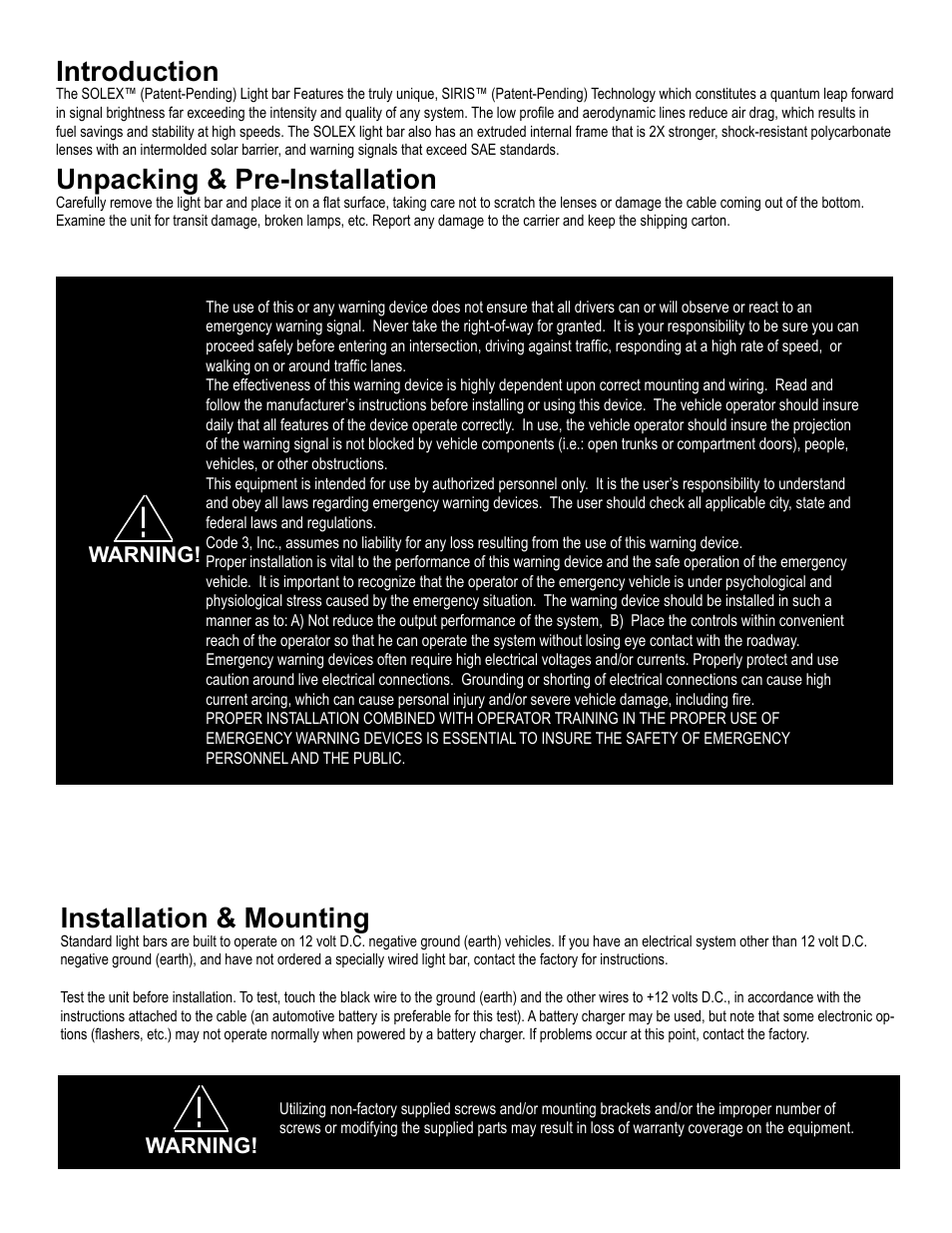 Introduction, Unpacking & pre-installation, Installation & mounting | Warning | Code 3 Solex User Manual | Page 2 / 12