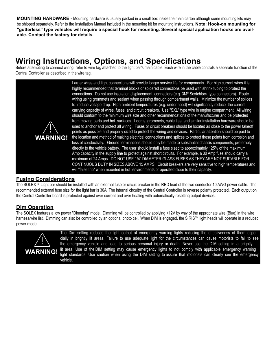 Wiring instructions, options, and specifications, Warning | Code 3 Solex User Manual | Page 3 / 12