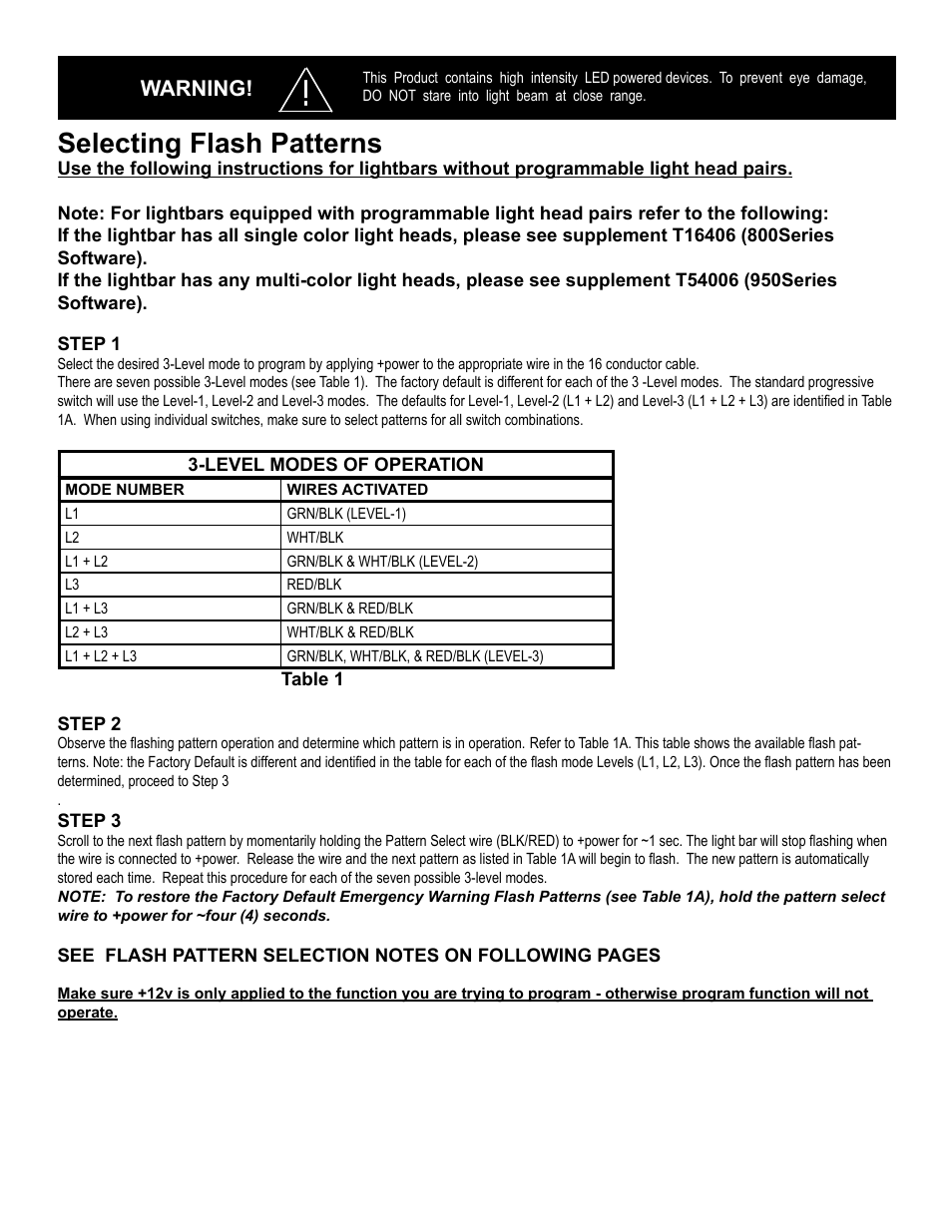 Selecting flash patterns, Warning | Code 3 Solex User Manual | Page 4 / 12