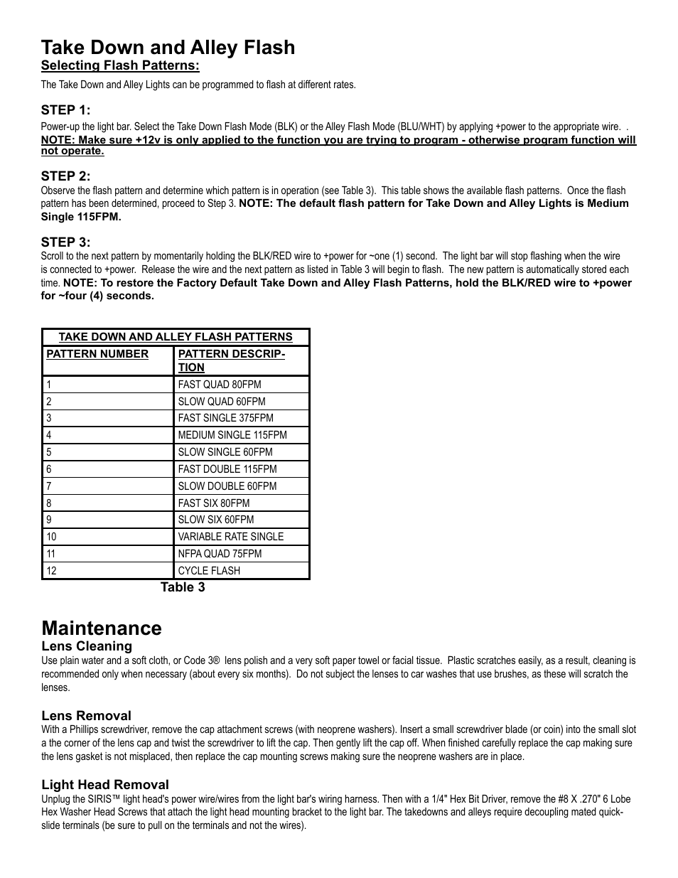Maintenance, Take down and alley flash | Code 3 Solex User Manual | Page 8 / 12
