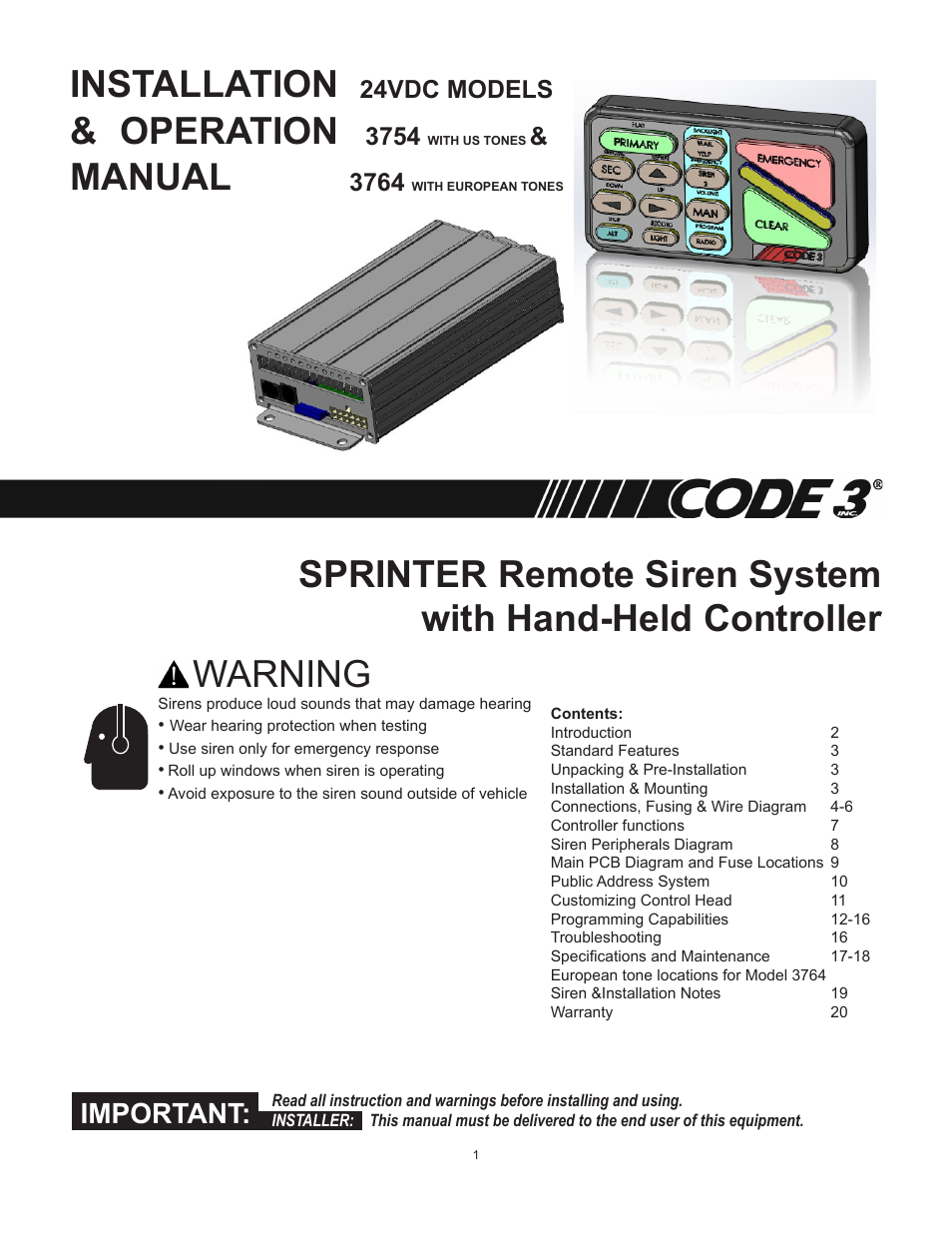 Code 3 Sprinter 24 Volt User Manual | 20 pages