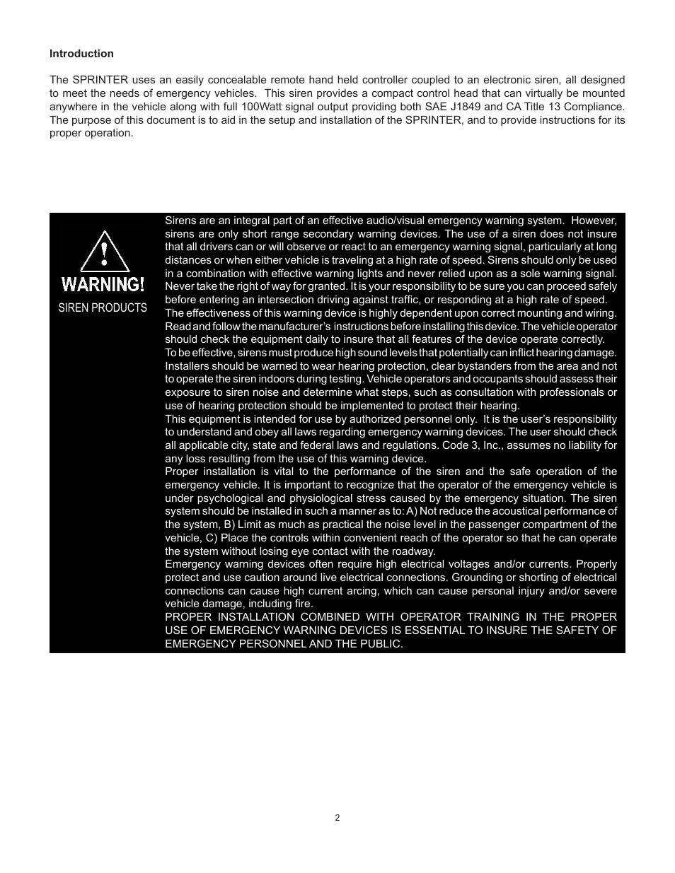 Code 3 Sprinter 24 Volt User Manual | Page 2 / 20