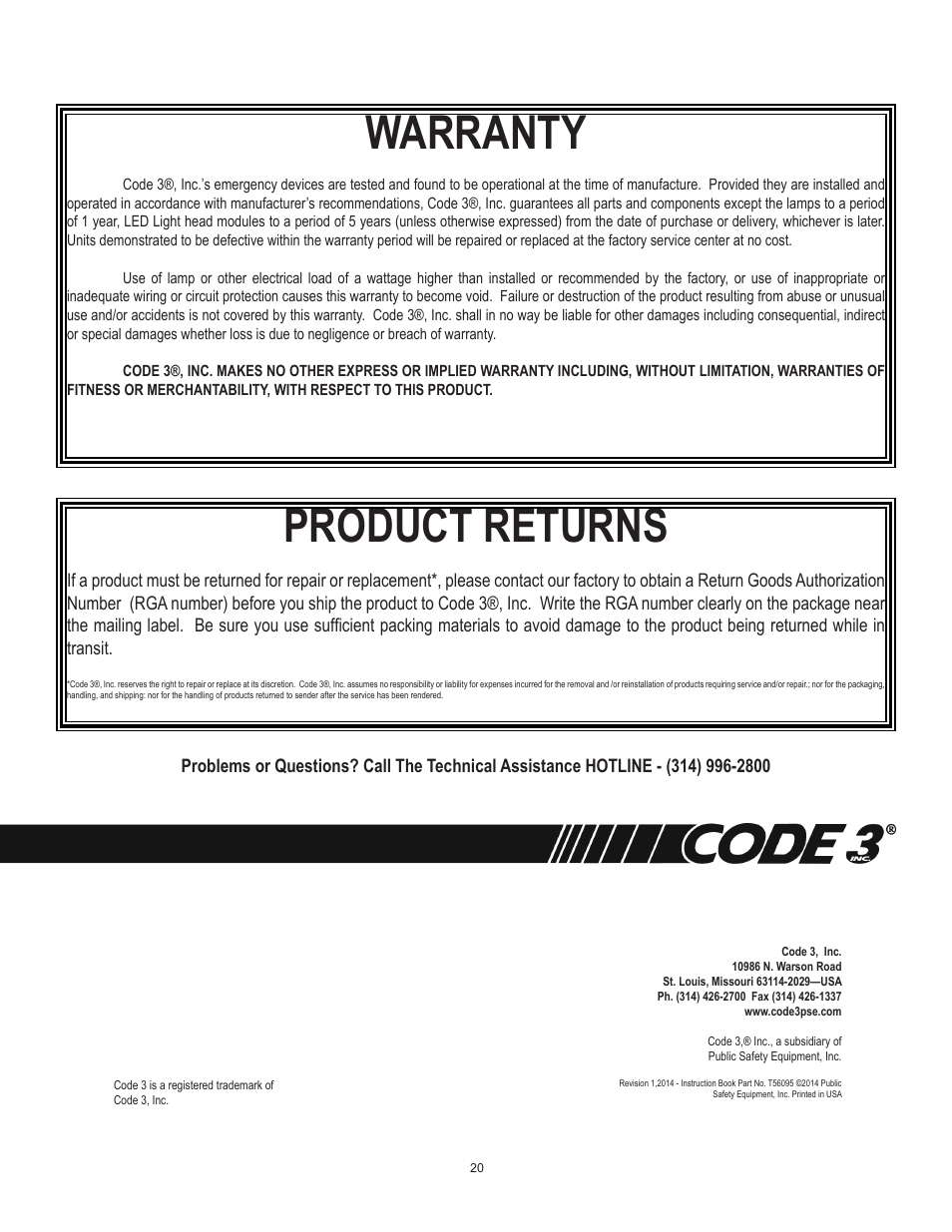 Warranty, Product returns | Code 3 Sprinter 24 Volt User Manual | Page 20 / 20