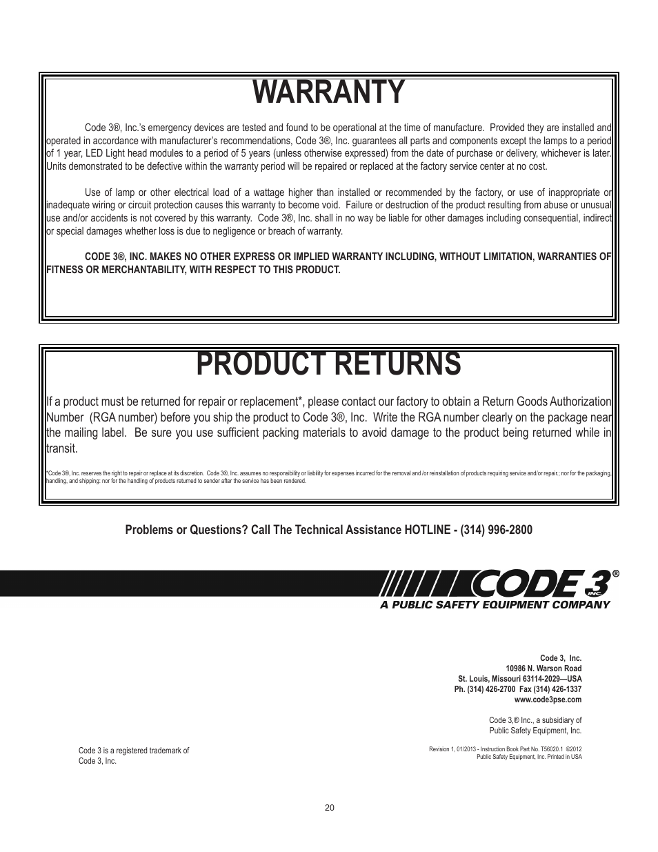 Warranty, Product returns | Code 3 Sprinter User Manual | Page 20 / 20