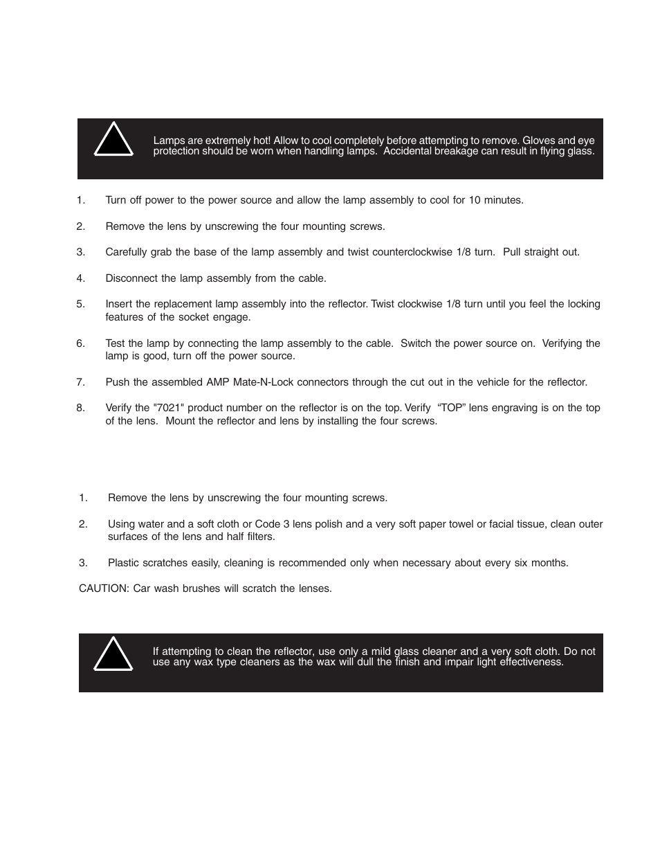 Maintenance, Dual filament lamp assembly replacement, Warning | Lens cleaning | Code 3 Stop/Turn/Tail User Manual | Page 6 / 8