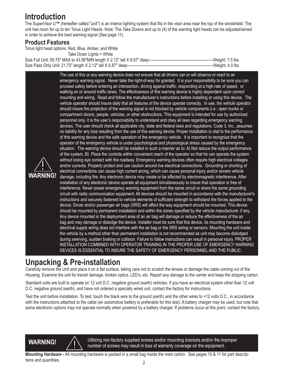 Introduction, Unpacking & pre-installation, Product features | Warning | Code 3 SuperVisor U User Manual | Page 2 / 16