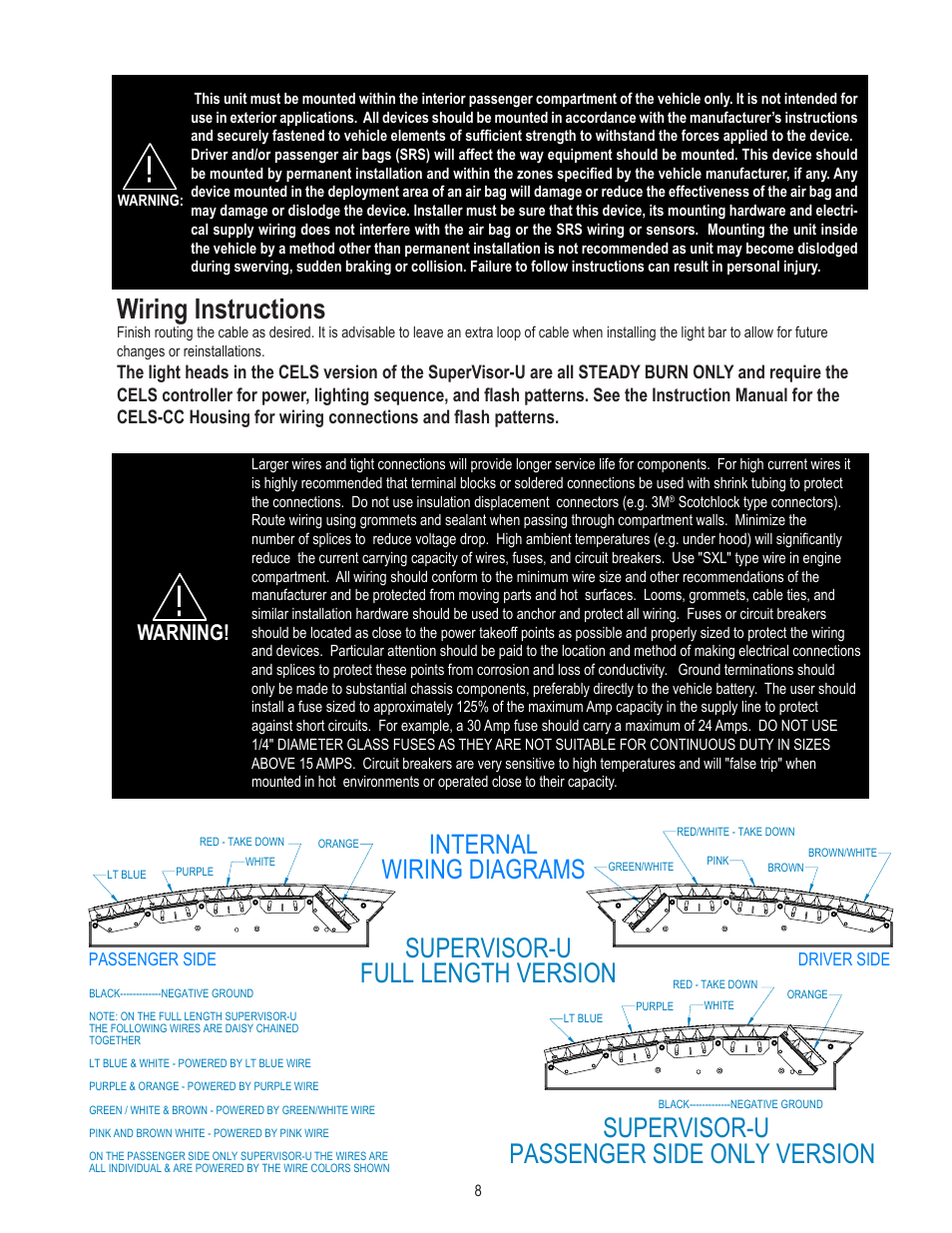 Wiring instructions, Internal wiring diagrams, Warning | Code 3 SuperVisor U User Manual | Page 8 / 16