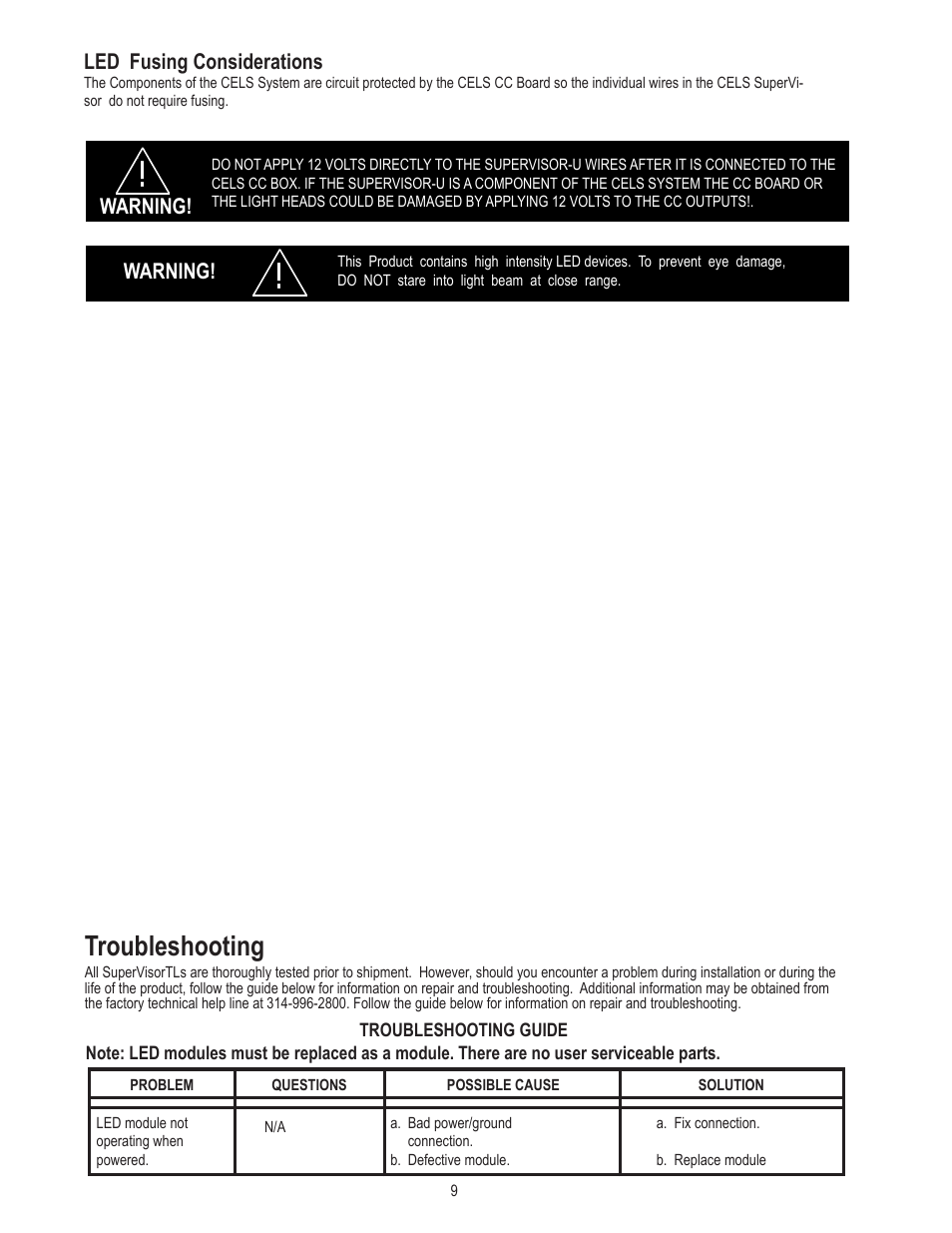 Troubleshooting, Led fusing considerations, Warning | Code 3 SuperVisor U User Manual | Page 9 / 16