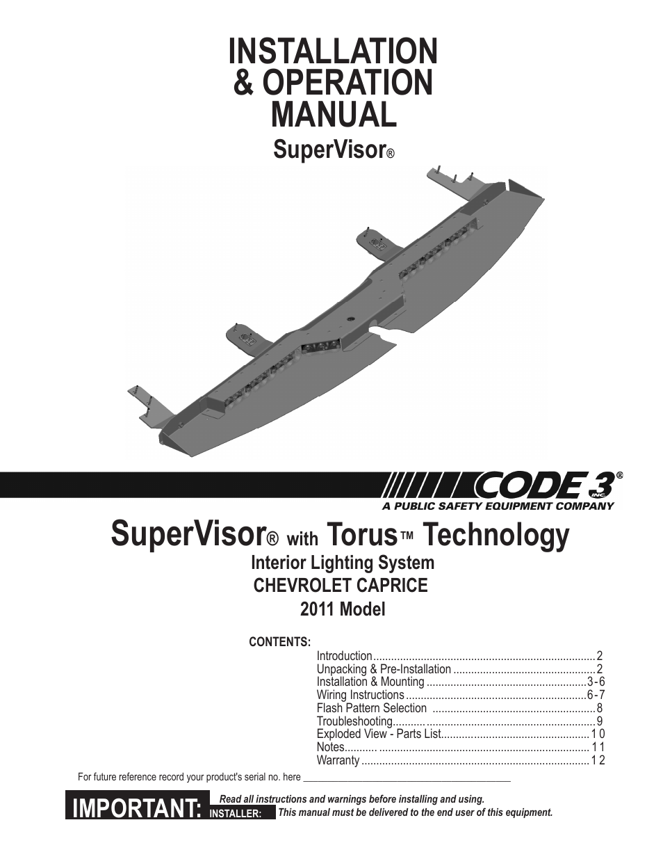 Code 3 SuperVisor with Torus for the 2011 Caprice User Manual | 12 pages