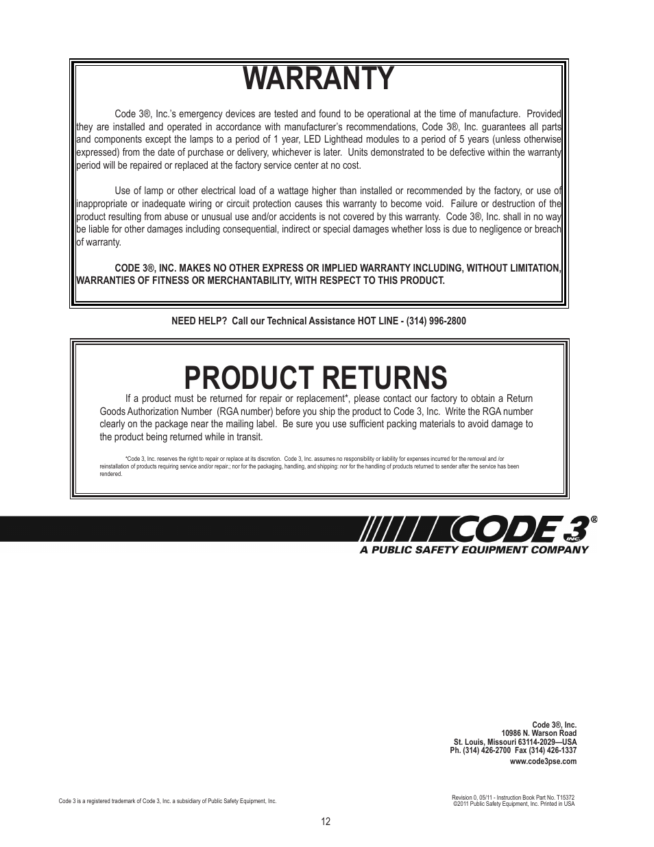 Product returns, Warranty | Code 3 SuperVisor with Torus for the 2011 Caprice User Manual | Page 12 / 12