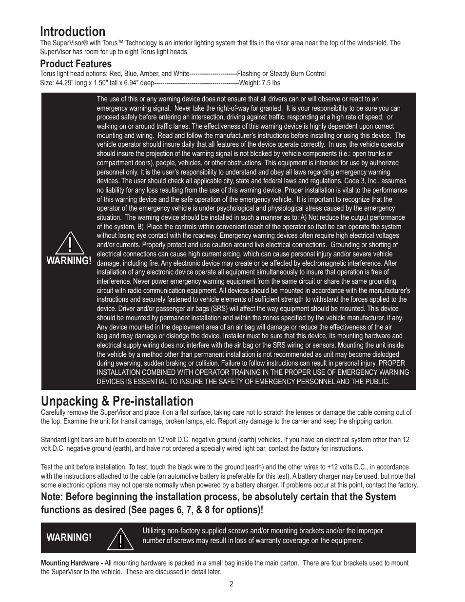 Unpacking & pre-installation, Introduction, Product features | Warning | Code 3 SuperVisor with Torus for the 2011 Caprice User Manual | Page 2 / 12