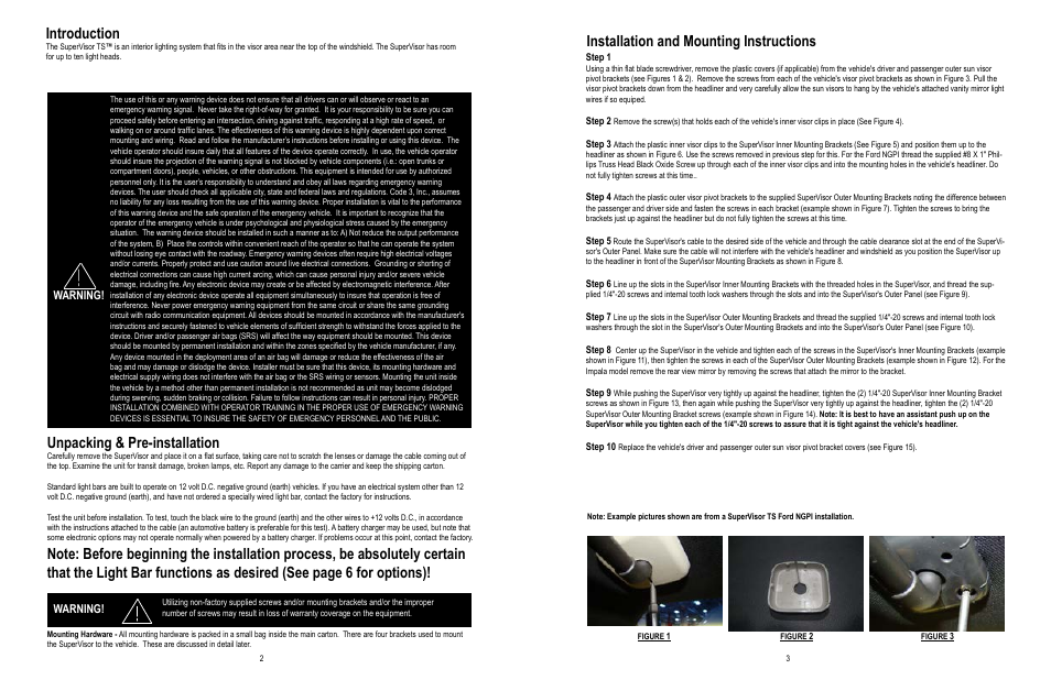 Introduction, Unpacking & pre-installation, Installation and mounting instructions | Warning | Code 3 SuperVisor with Torus User Manual | Page 2 / 5
