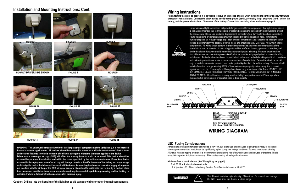 Wiring diagram, Wiring instructions, Installation and mounting instructions: cont | Warning! led fusing considerations, Warning | Code 3 SuperVisor with Torus User Manual | Page 3 / 5